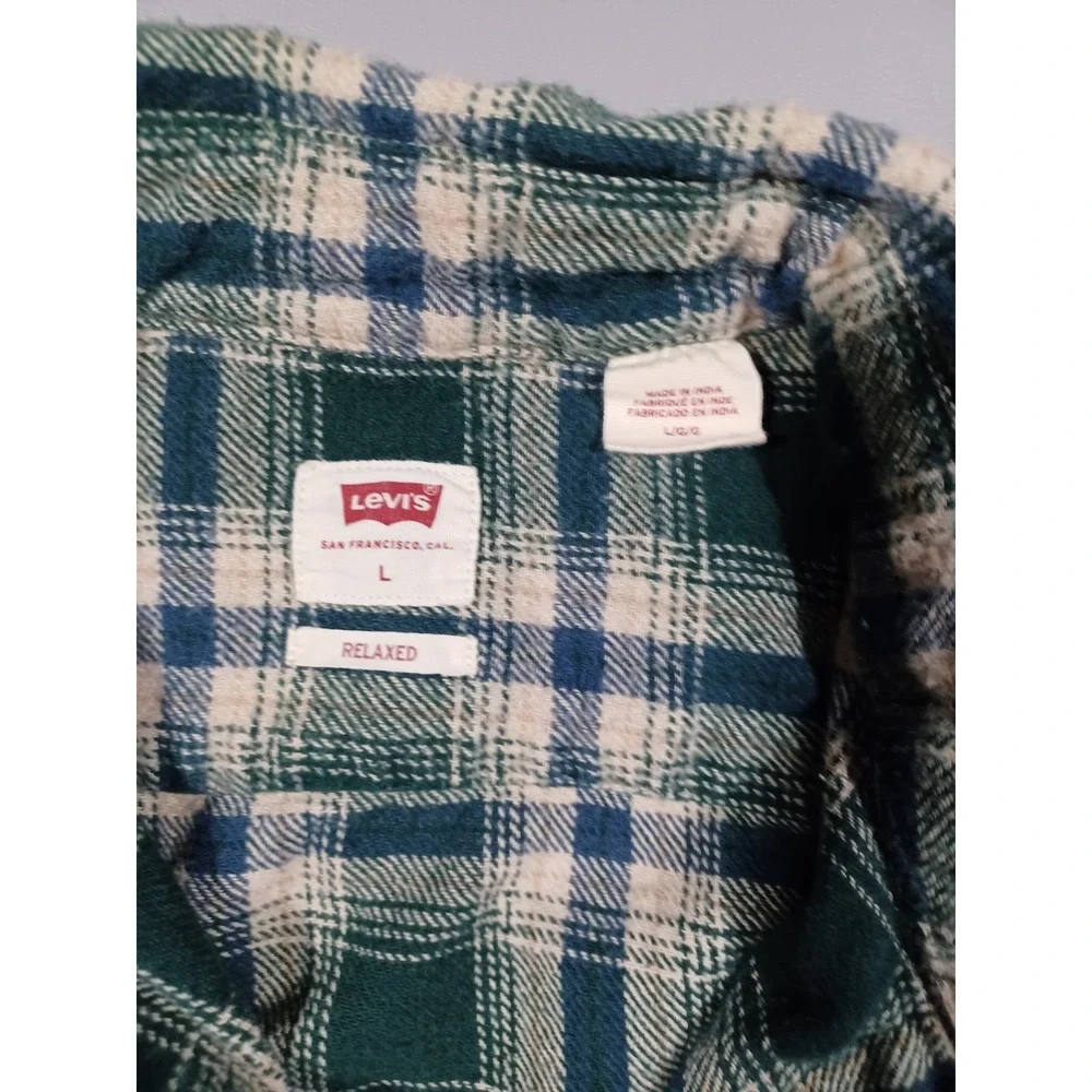 Levis Shirt Mens L Green Blue Cream Plaid‎ Button Up Workshirt Relaxed Fit